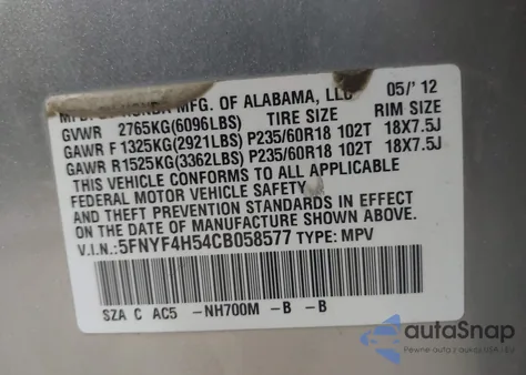 2012 Honda Pilot Ex-L из США, поврежденный, VIN 5FNYF4H54CB058577